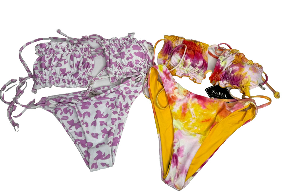 Zaful Bikini Set Small Lot of 2 Purple Leopard Tie Dye New Bandeau High Waist